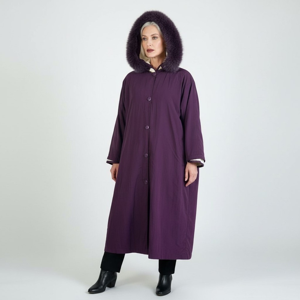 4 SAISONS Purple Nylon Faux Fur Trim Hooded Long Winter Coat Women's 6